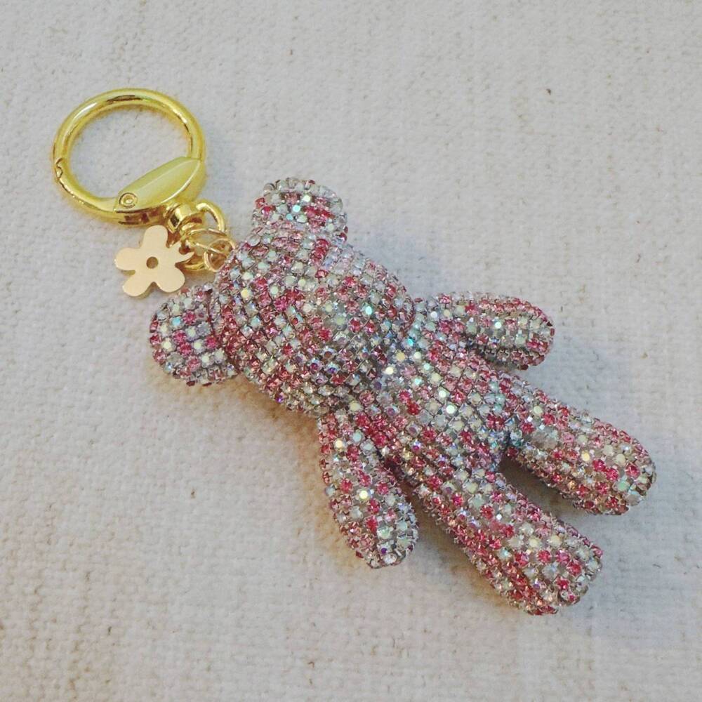 NEW ELLISON+YOUNG women's twinkle teddy bag charm in pink aurora borealis crysta